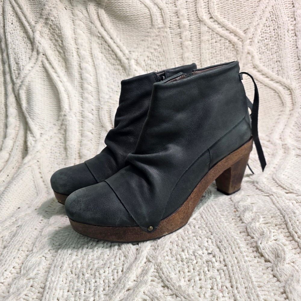 Matisse Leather Wood Platform Clog Booties Black Distressed Wrap Ruched‎ 10